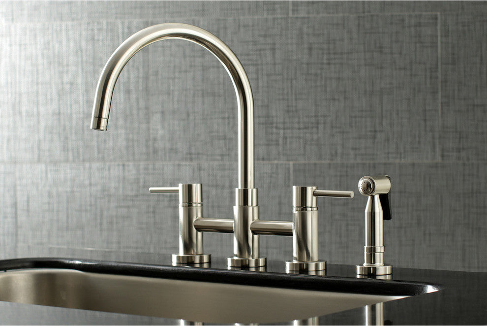 Kingston Two-Handle Gooseneck Bridge Kitchen Faucet Sprayer, Brushed Nickel