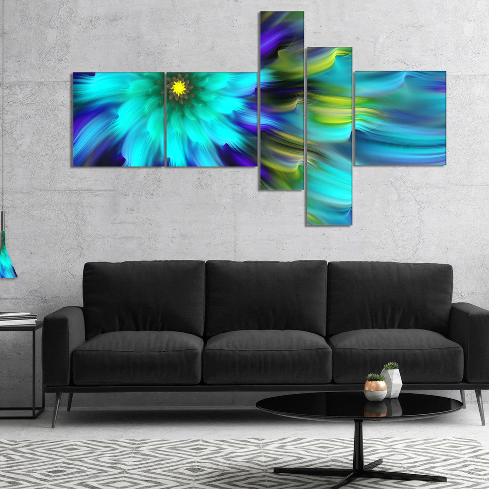 Massive Blue Green Fractal Flower, Floral Canvas Art Print, 60"x32", 5 panels