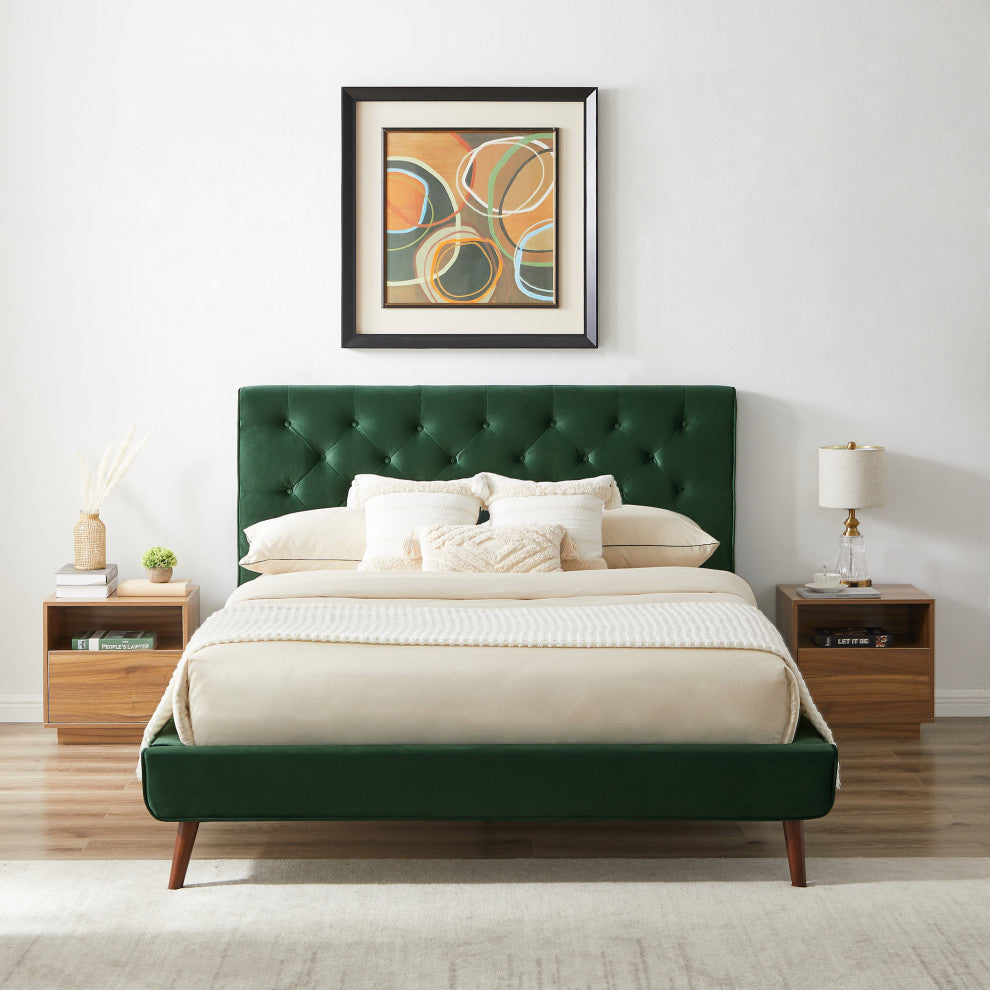 Ashley Midcentury Velvet Tufted Solid Wood Platform Bed, Green, Queen