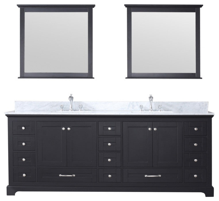 84" Espresso Double Vanity, White Carrara Marble Top, White Sinks & 34" Mirrors