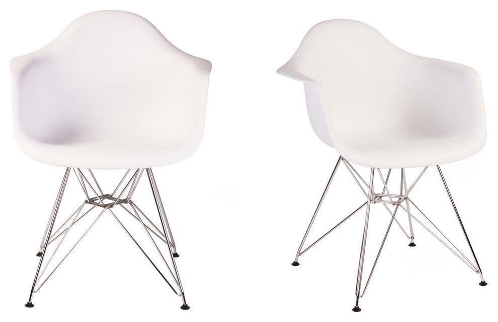 Set of 2 DAR White Mid Century Modern Dining Armchair, Steel Eiffel Legs