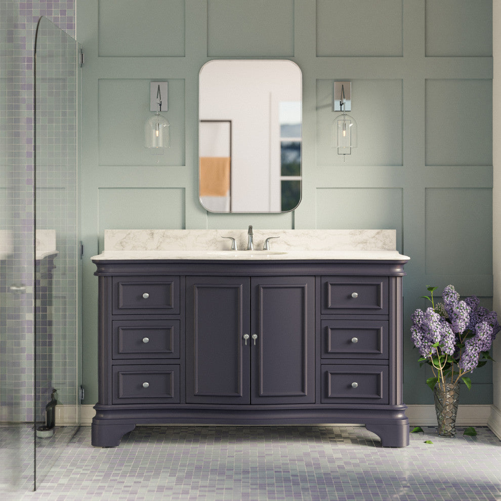 Katherine 60" Bath Vanity, Marine Gray, Carrara Marble, Single Vanity