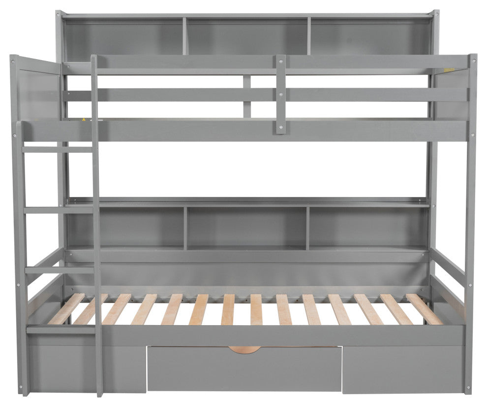 Gewnee Twin Size Bunk Bed with Shelves Beside both Upper and Down Bed in Gray