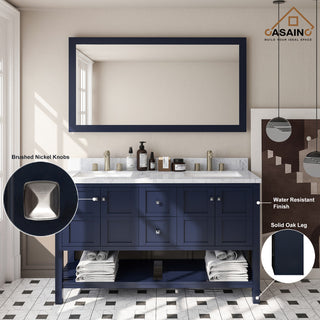 Single Sink Solid Wood Bath Vanity with Natural Marble Top and Mirror, 60in