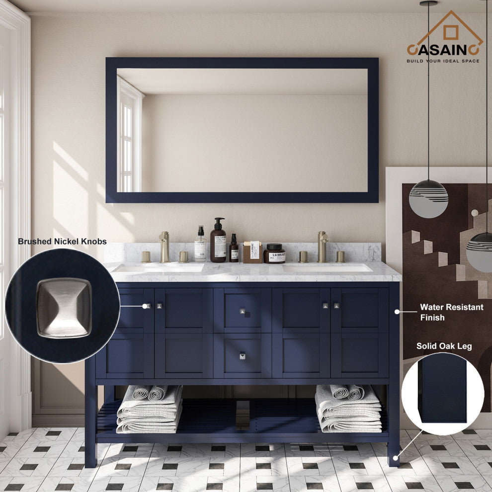 Single Sink Solid Wood Bath Vanity with Natural Marble Top and Mirror, 60in