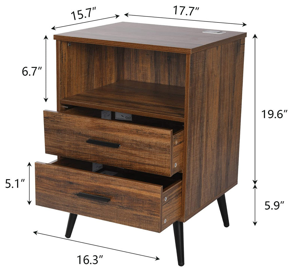 Nightstand Set of 2 with Charging Station, LED Nightstands with Open Shelf, Rust