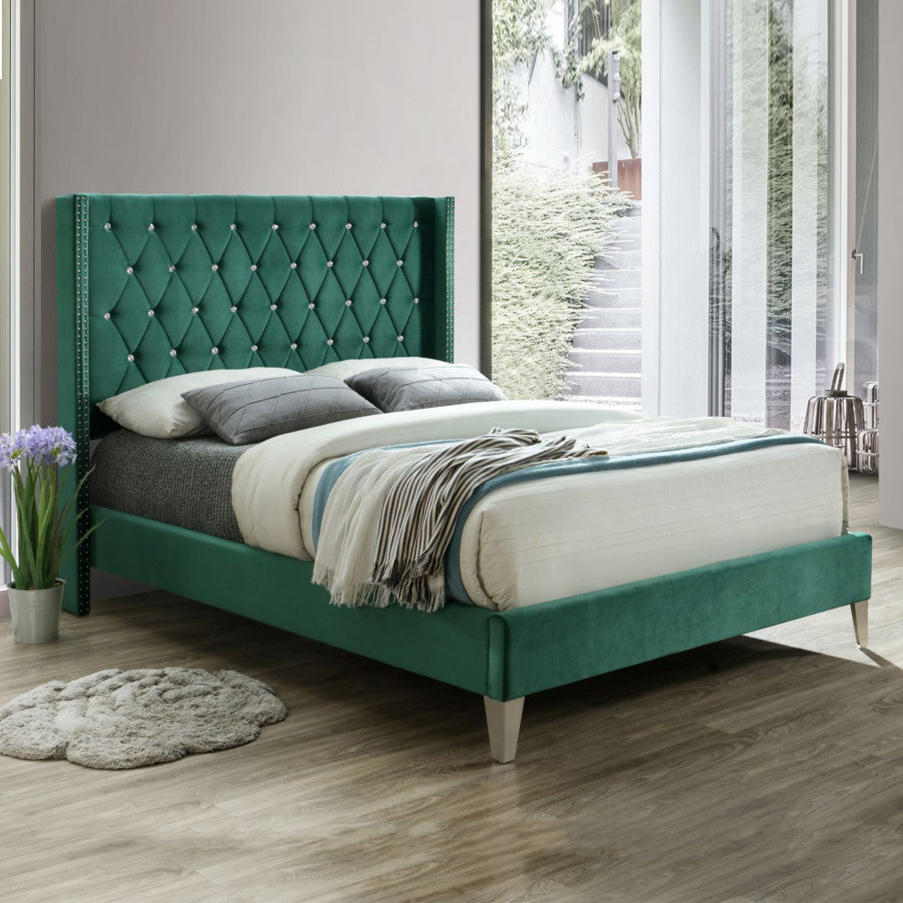Better Home Products Alexa Velvet Upholstered Queen Platform Bed, Green