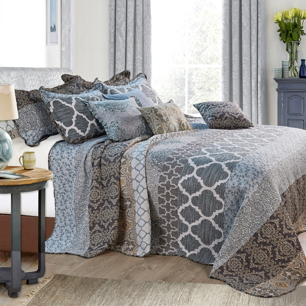 Serenta Floral Medalion 9-Piece Bed Spread Set, Gray, King, 122"x106"
