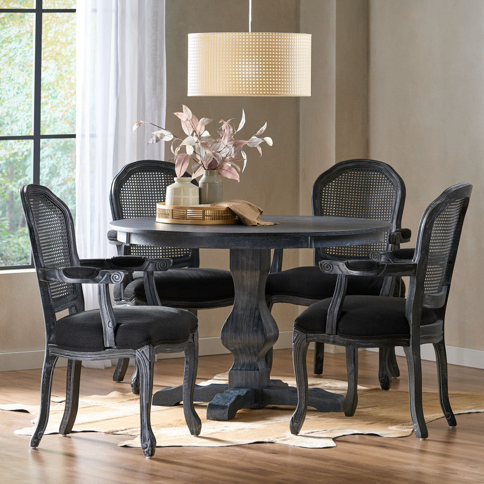Ardyce French Country Fabric Upholstered Wood and Cane 5-Piece Dining Set, Gray/Black