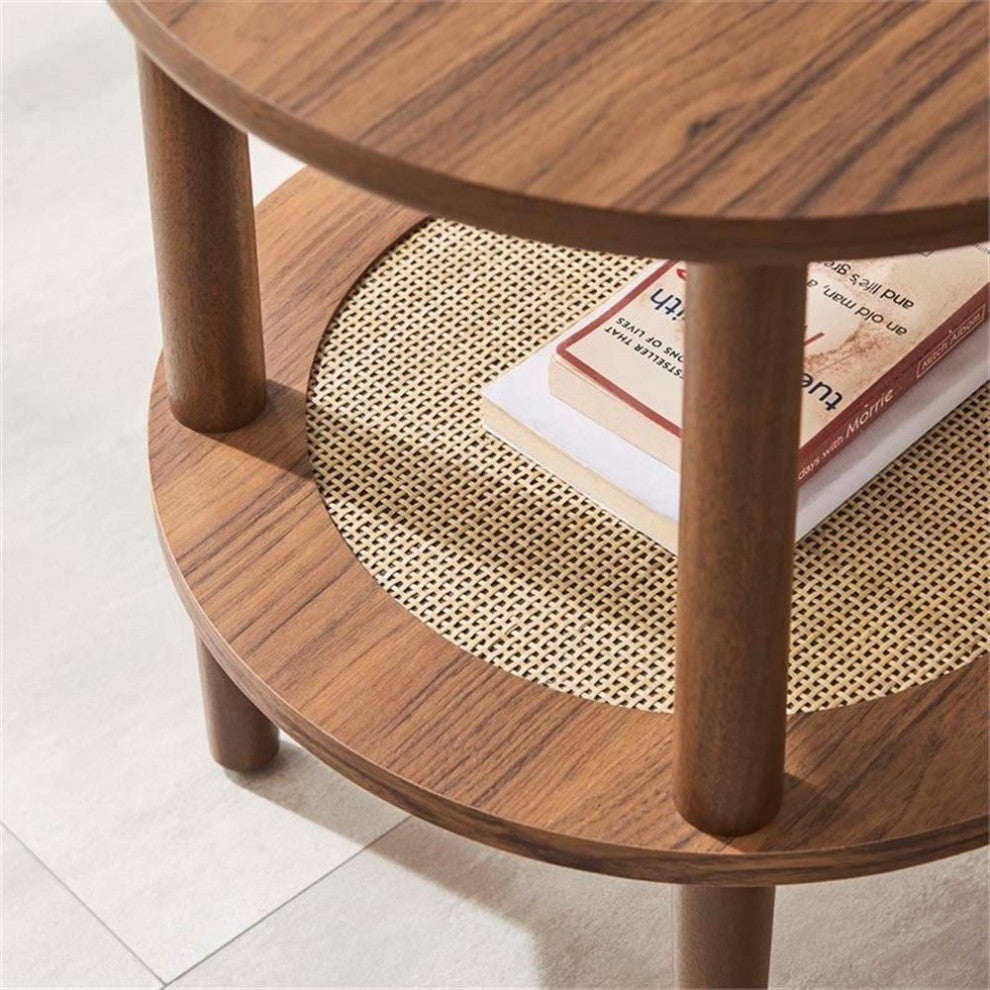 Modway Torus Round Wood Side Table with Lower Rattan Shelf in Walnut