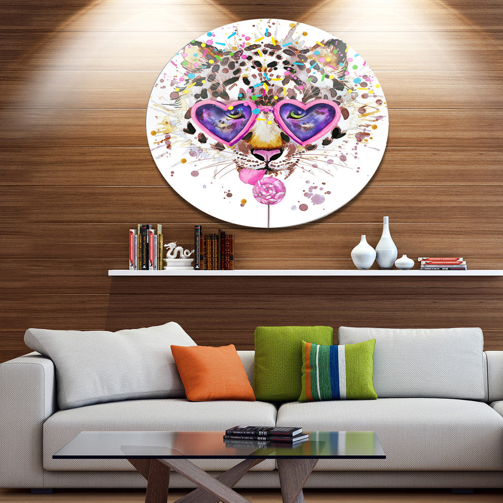 Funny Leopard With Heart Glasses, Animal Round Wall Art, 23"