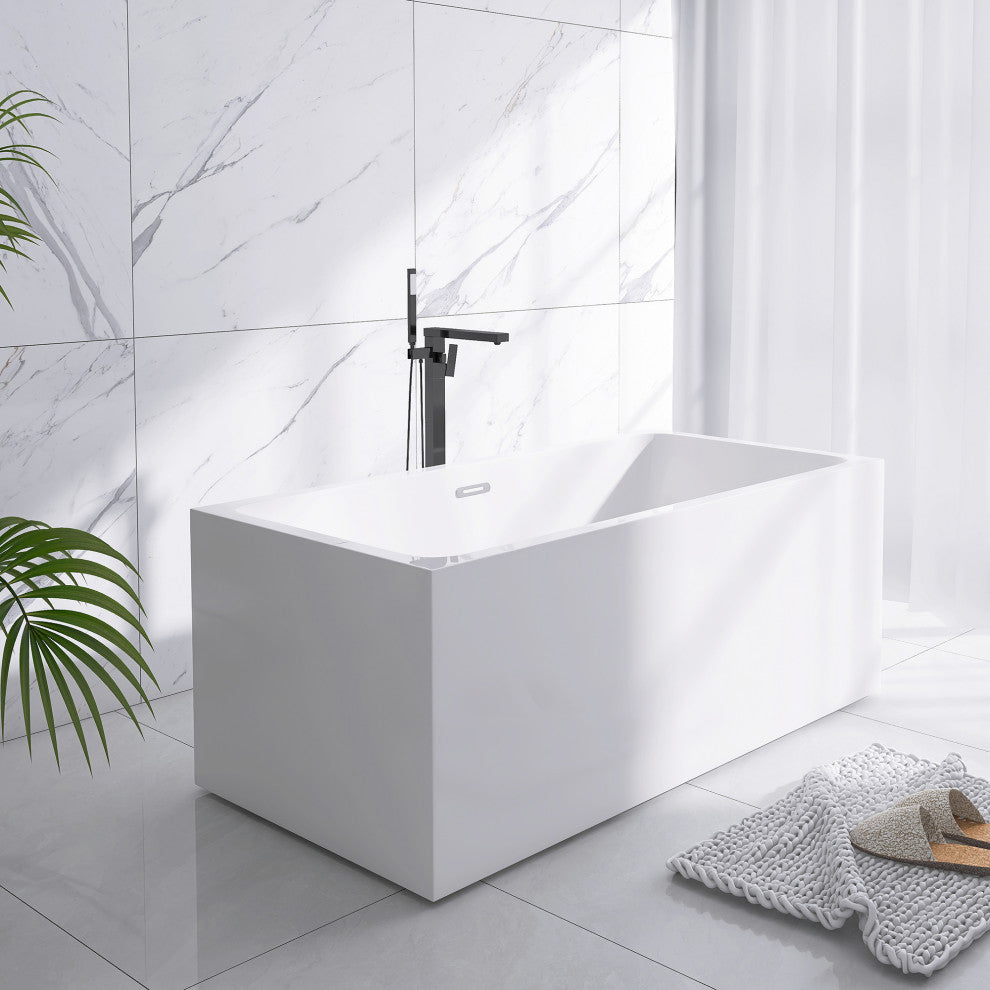 59 in. Acrylic Rectangular Flatbottom Freestanding Soaking Bathtub in White