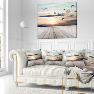 Wooden Floor Sunset Seashore Throw Pillow, 18"x18"