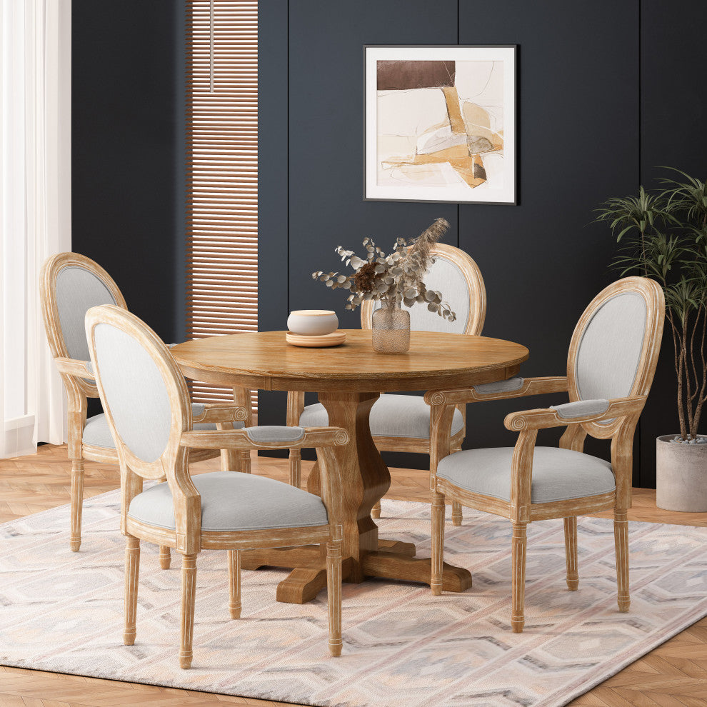 Bryan French Country Fabric Upholstered Wood 5-Piece Circular Dining Set, Natural/Light Gray