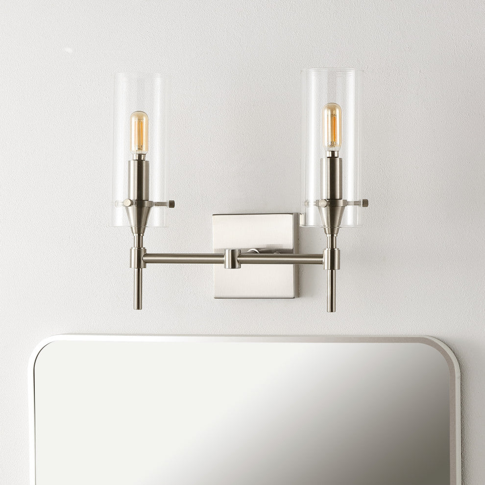 Cato 13.5" 2-Light Modern Farmhouse Iron/Glass Vanity, Oil Rubbed Bronze/Clear