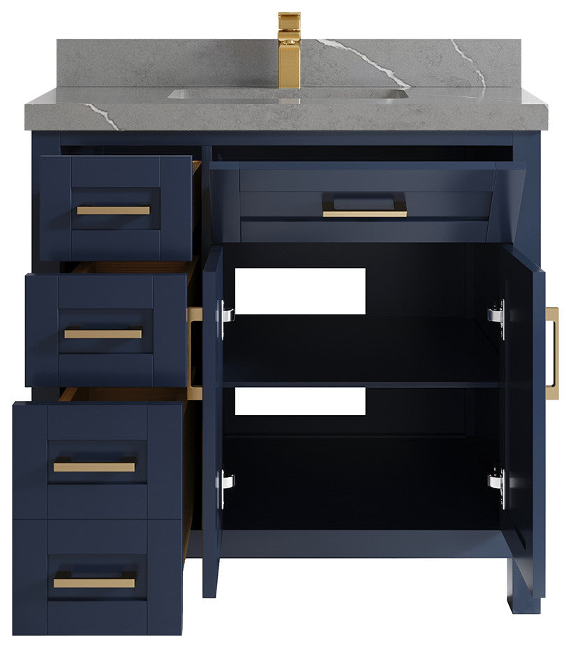 Cambridge 36 Center Sink Bath Vanity in Hale Navy Blue 2" Piatra Gray