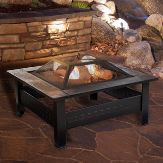 Pure Garden Square Tile Fire Pit With Cover, Bronze Finish, 32"