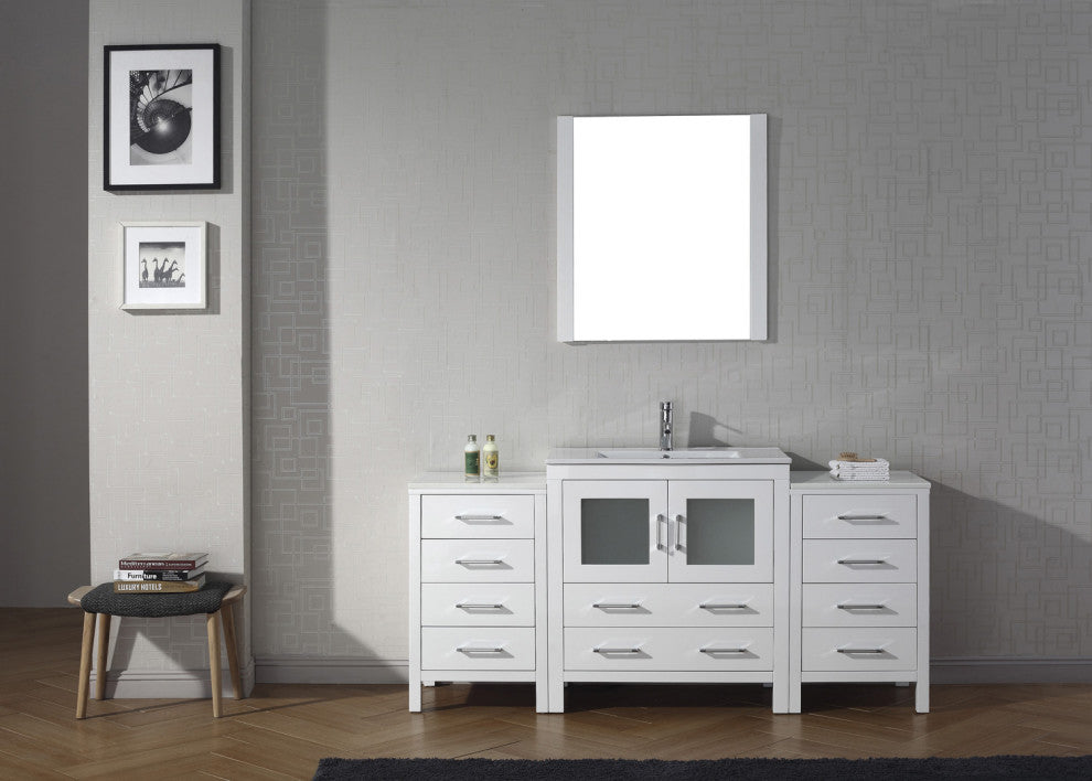 Dior 66" Single Bathroom Vanity, White, White Ceramic, Brushed Nickel Faucet