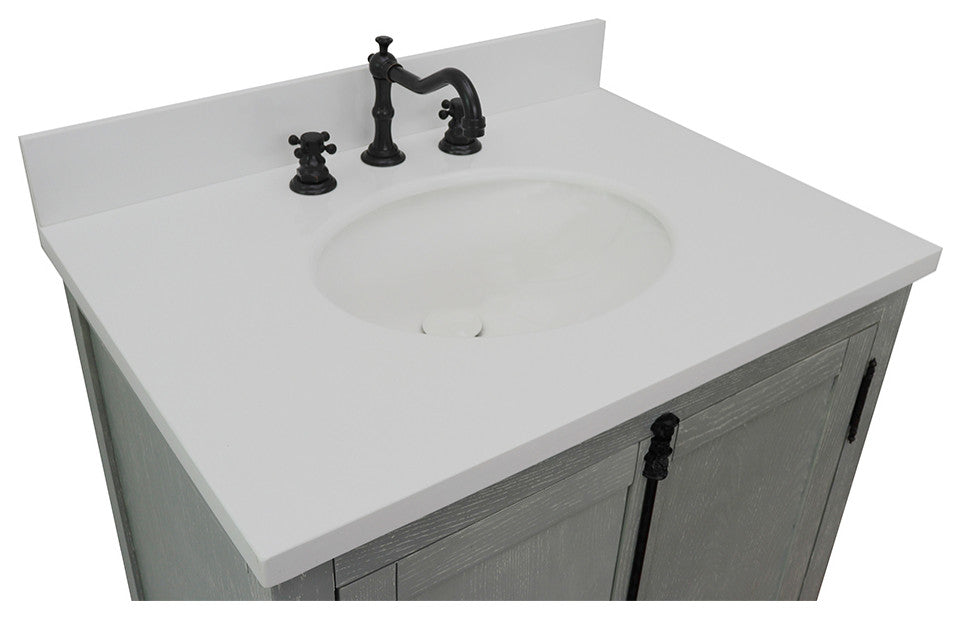 30" Single Vanity, Gray Ash, White Engineered Stone Top, Oval Sink