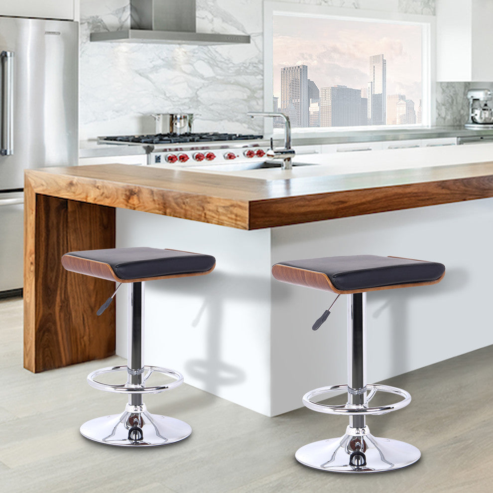 Miles Barstool, Chrome Finish With Walnut wood and Black Faux Leather