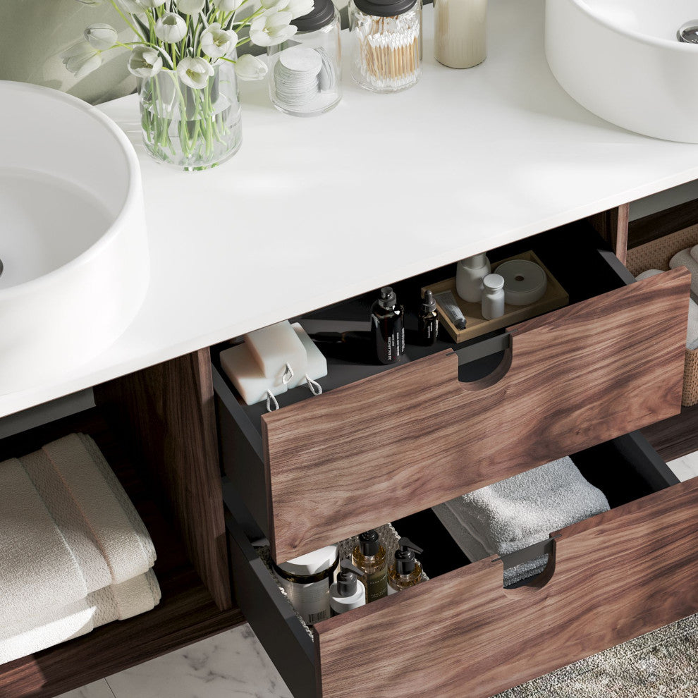 Newton Bath Vanity, Walnut, 72", Double Sink, Freestanding