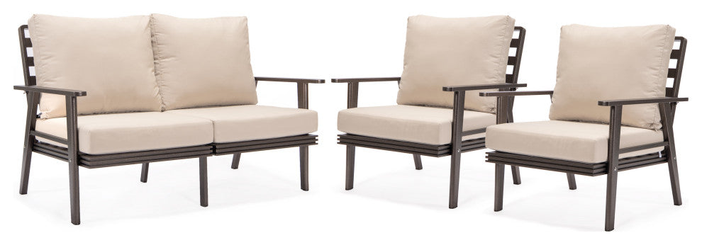 LeisureMod Walbrooke 3-Piece Patio Set With Brown Aluminum Frame and Cushions