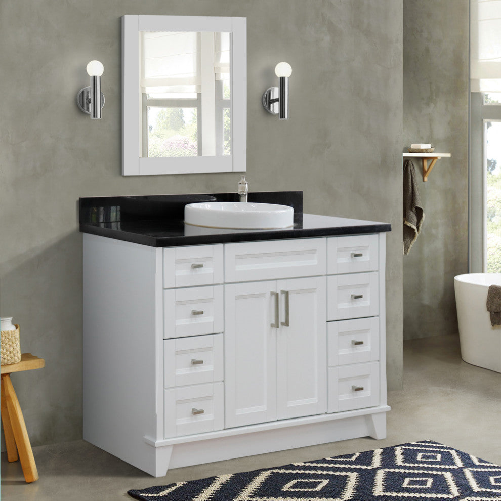 49" Single Sink Vanity, White Finish With Black Galaxy Granite And Round Sink