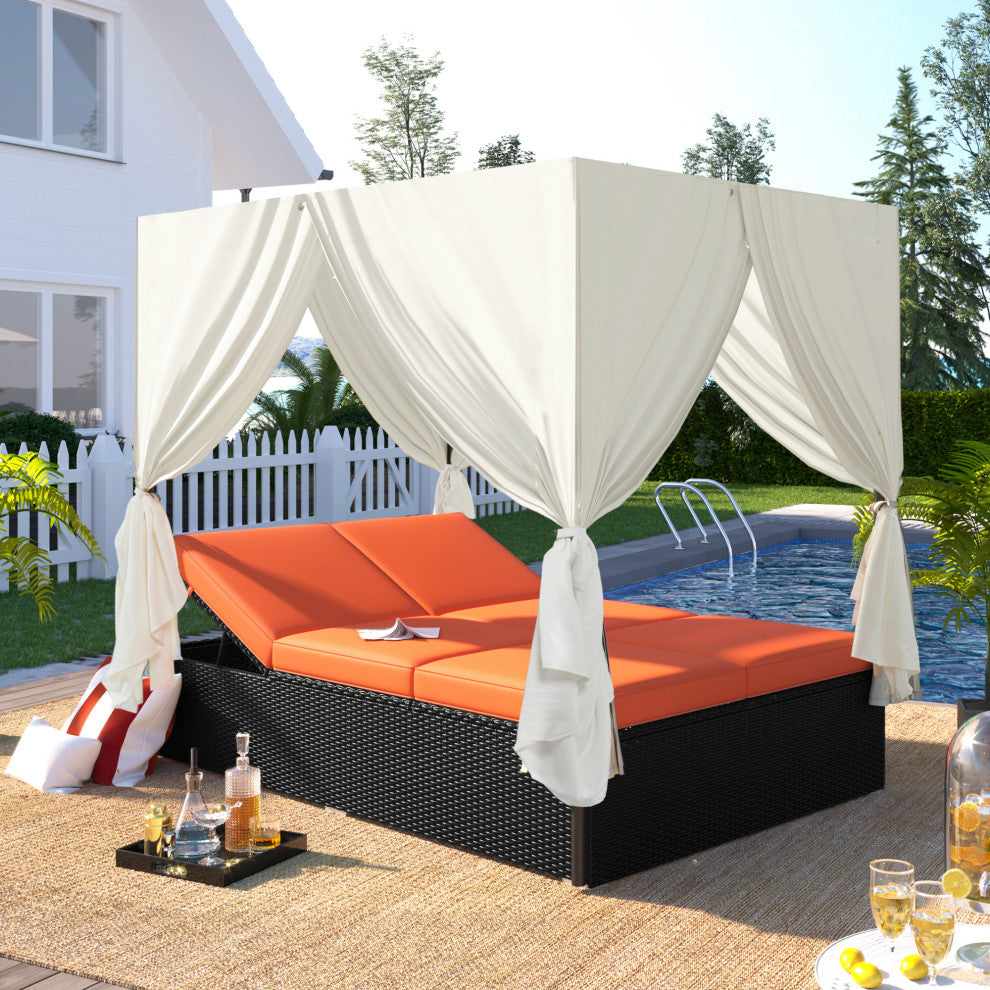 2-Piece Outdoor Wicker Patio Sunbed Daybed With Cushions And Adjustable Seats, Black Orange