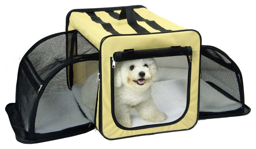 Dual-Expandable Wire Folding Lightweight Collapsible Pet Crate, Khaki, Large
