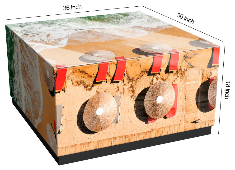 "Beach Bliss I" Reverse Printed Art Glass Cocktail Table with Black Plinth Base