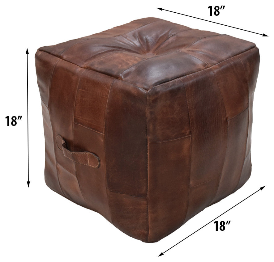 Geometric Handmade Leather Pouf (Recycled Foam with Fibre Fill) Black, [Square] 18x18x18