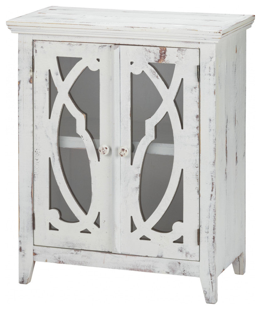 Rustic White Wood and Glass Scrollwork Accent Cabinet