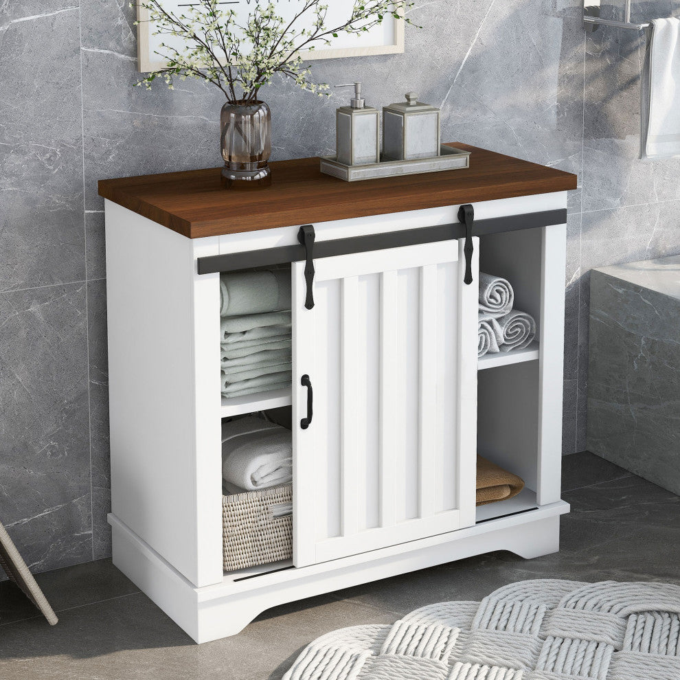Freestanding Storage Cabinet in White, Sliding Barn Door
