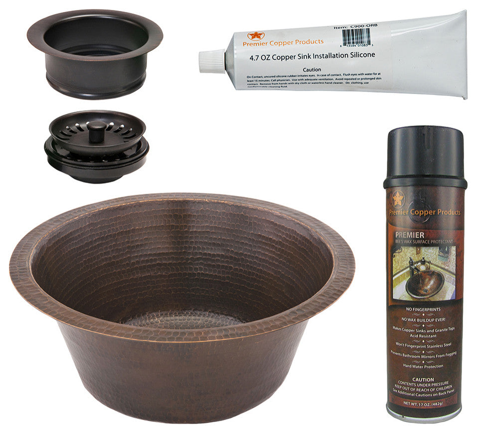 16" Round Hammered Copper Prep Sink, 3.5" Drain Opening, Drain & Accessories