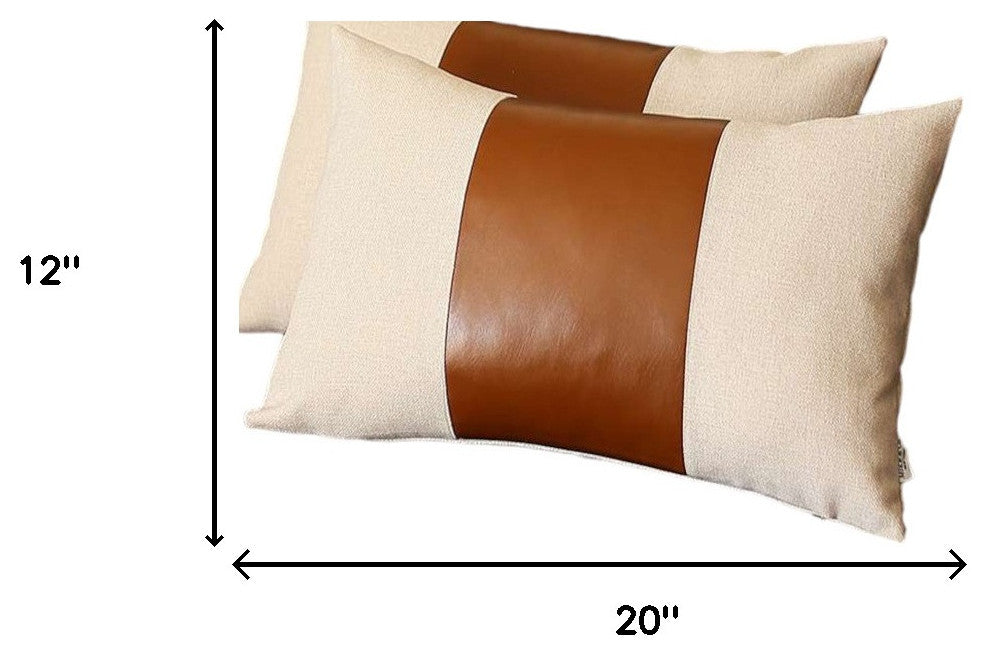 Set of 2 Brown Faux Leather Lumbar Pillow Covers
