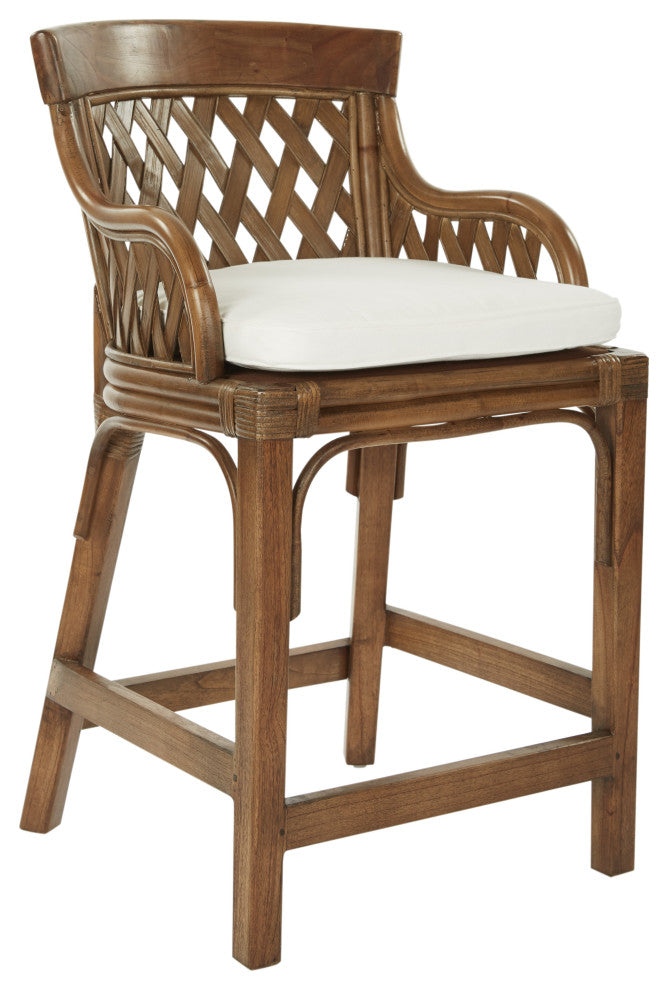 24" Counter Stool With Brown Stained Wood Rattan Frame Finish ASM, Brown Stain