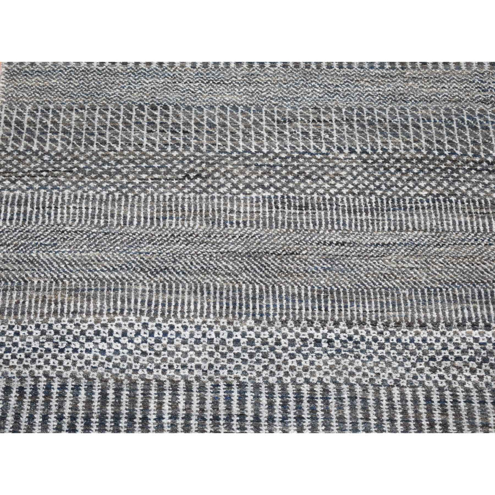 Black, Modern Grass Design, Hand Knotted Wool and Silk Runner Rug, 2'7"x14'1"