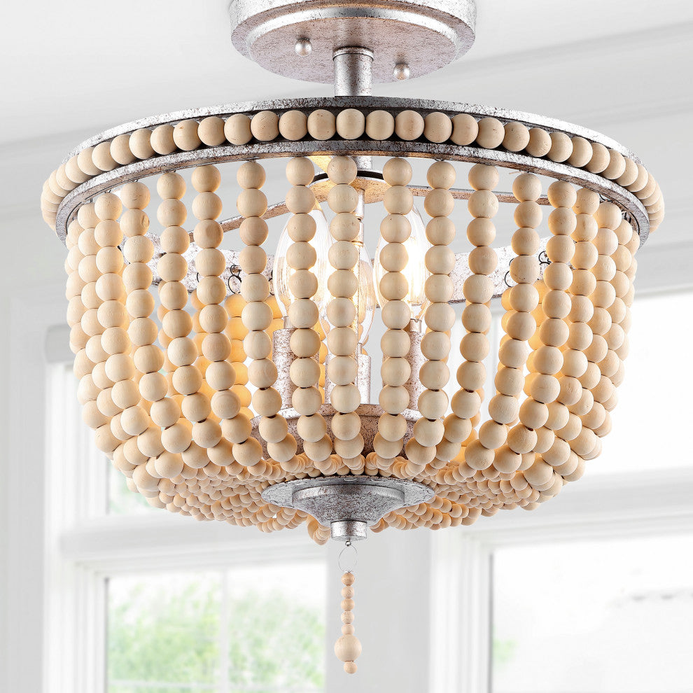 Allie 14" 3-Light Farmhouse Wood Bead/Iron LED Semi Flush Mount, Silver/Taupe