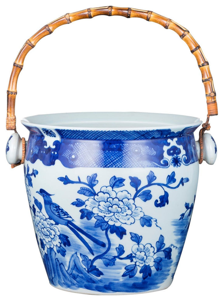 Porcelain Bird Floral Wine Bucket With Bamboo Handle