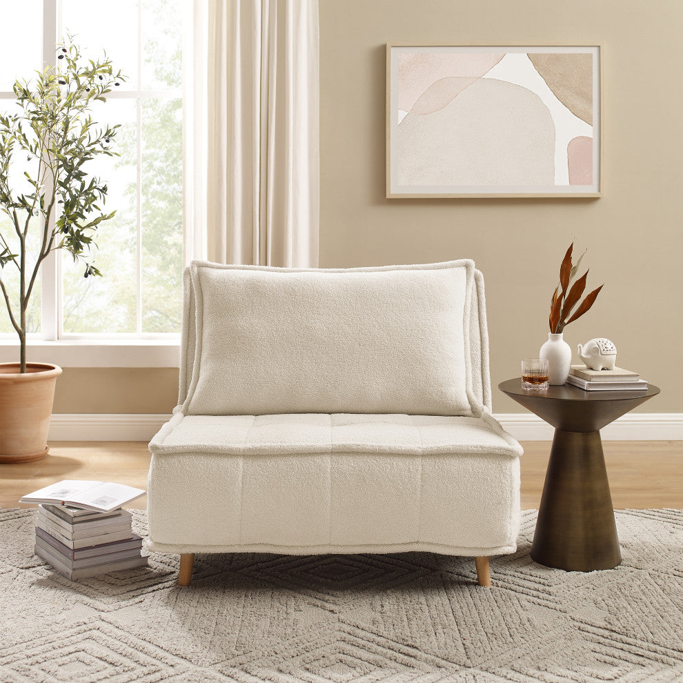 Modern Fabric Upholstered Convertible Sofa Bed Folding Sleeper Chair, Off White