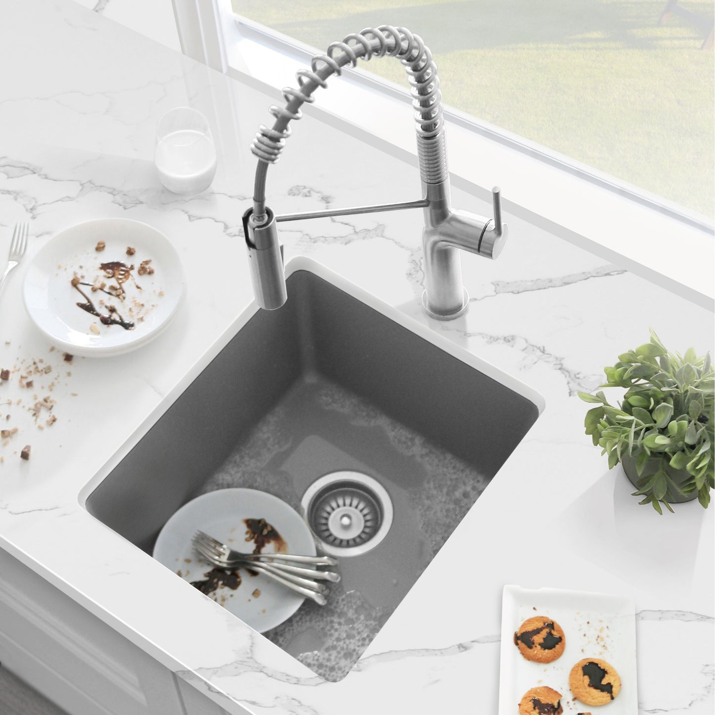 STYLISH 16"Dual Mount Single Bowl Gray Granite Kitchen Sink