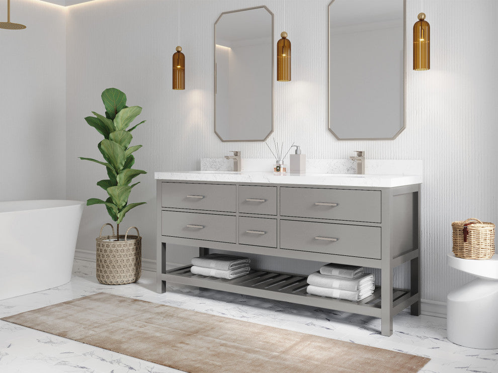 Parker 72 Double Sink Bath Vanity in Elephant Skin Gray  2" Carrara Marble