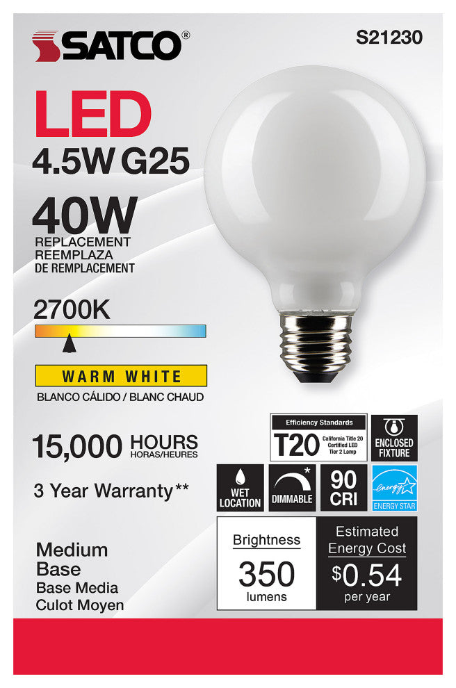 4.5W G25 LED, White, Medium Base, 90 CRI, 2700K, 120V