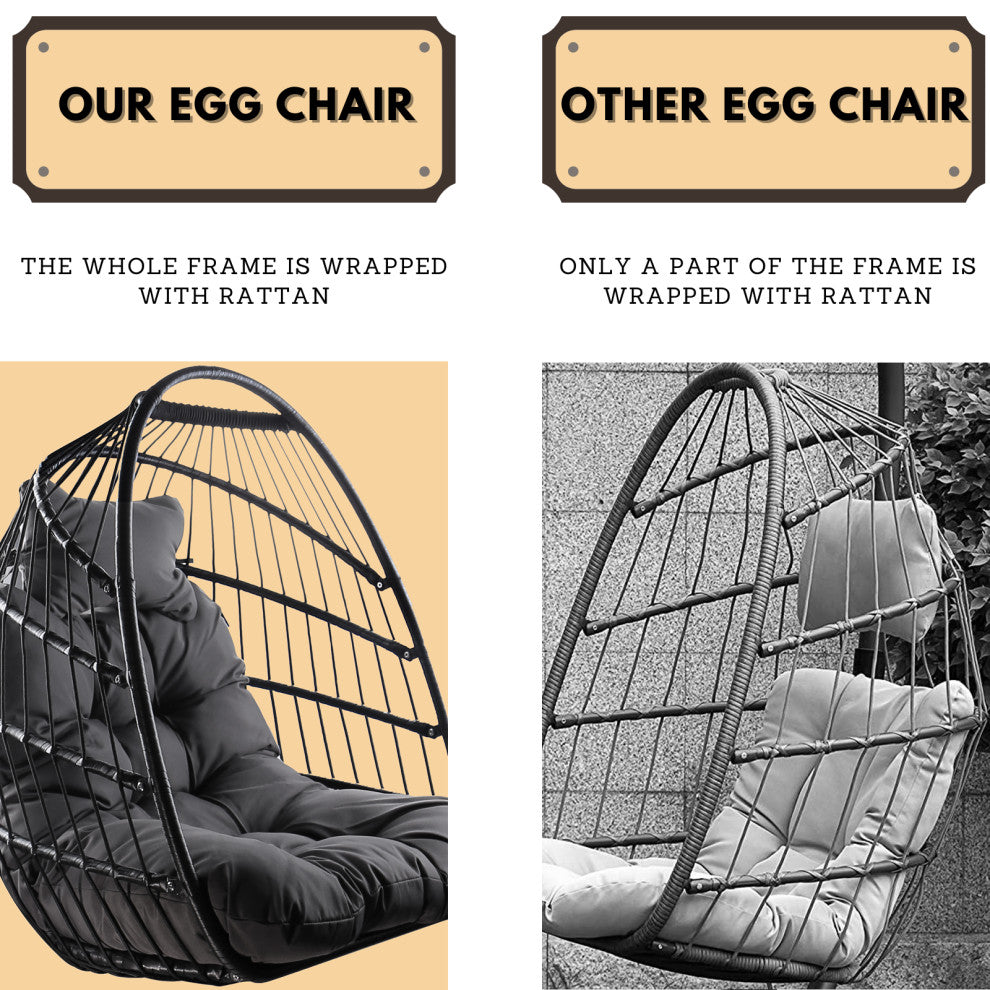 Outdoor Rattan Swing Chair Hanging Egg Chair With Cushion and Pillow, Dark Gray