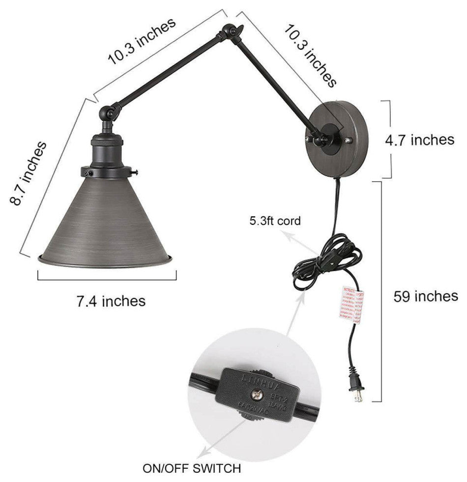 Industrial Wall Lamp Adjustable Wall Sconces Plug-in Sconces Brushed Silver