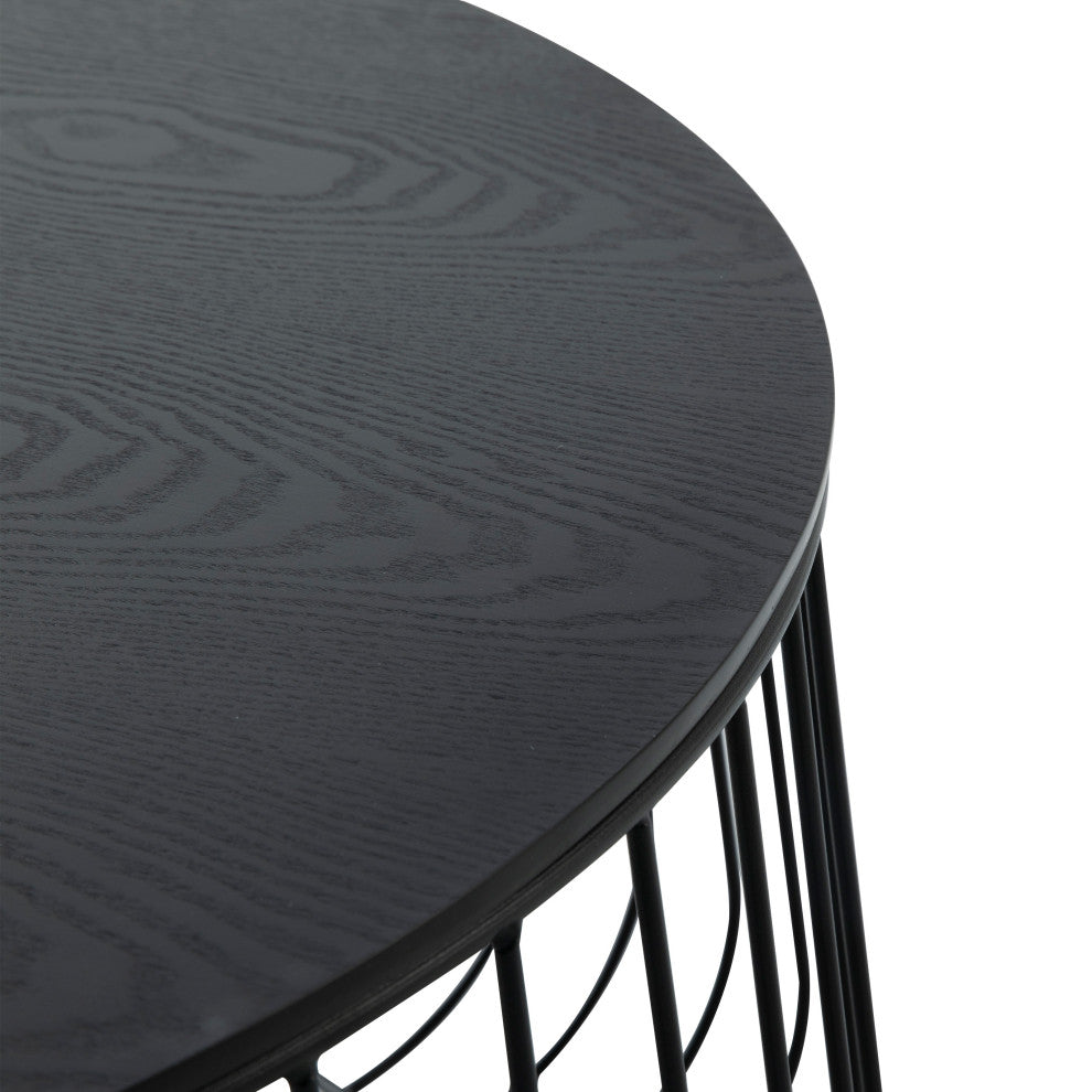 LeisureMod Runswick Round Coffee Table With Black Wire Steel Frame, Black