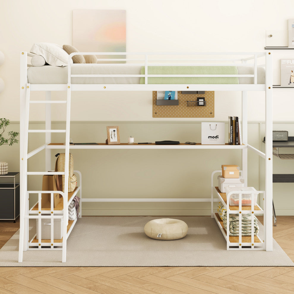 Gewnee Full Size Metal Loft Bed with Desk