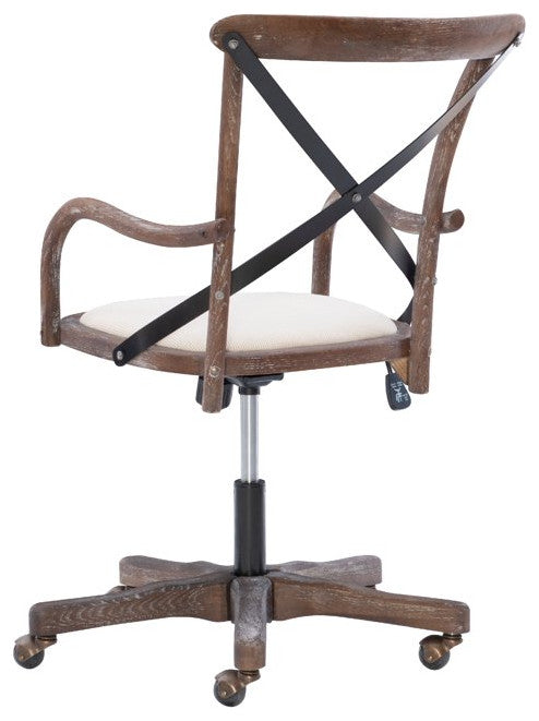 Rustic Office Chair, Wooden Frame With Cushioned Seat & X-Shaped Metal Backrest