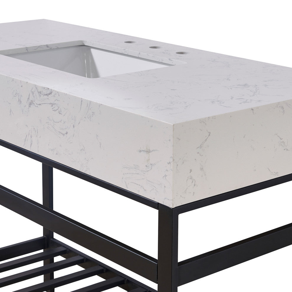 Merano Engineered Stone Vanity Top, Aosta White Apron With White Sink, 48"