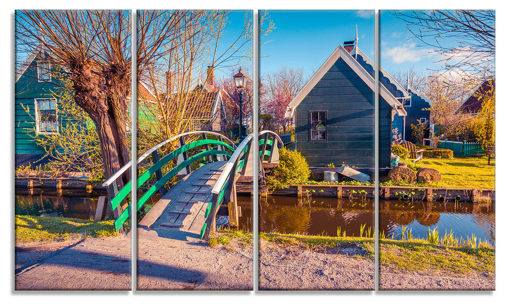 Dutch Buildings in Zaanstad Village, Landscape Canvas Print, 48"x28", 4 Panels